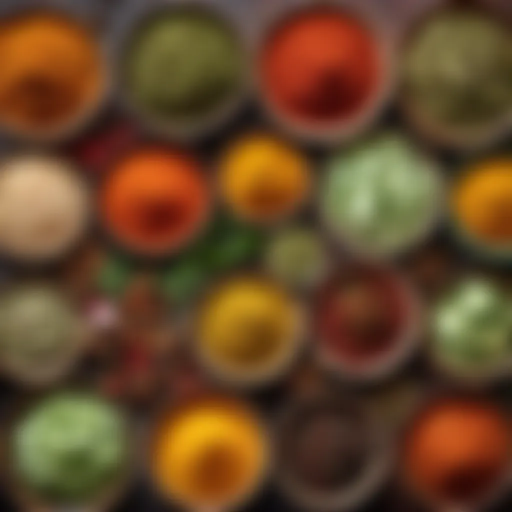 Colorful array of spices and herbs in small bowls