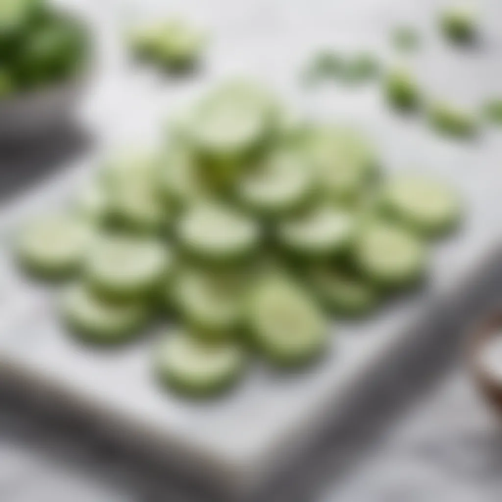 Crisp Cucumber Slices for Tzatziki Sauce Fresh cucumber slices on a marble cutting board