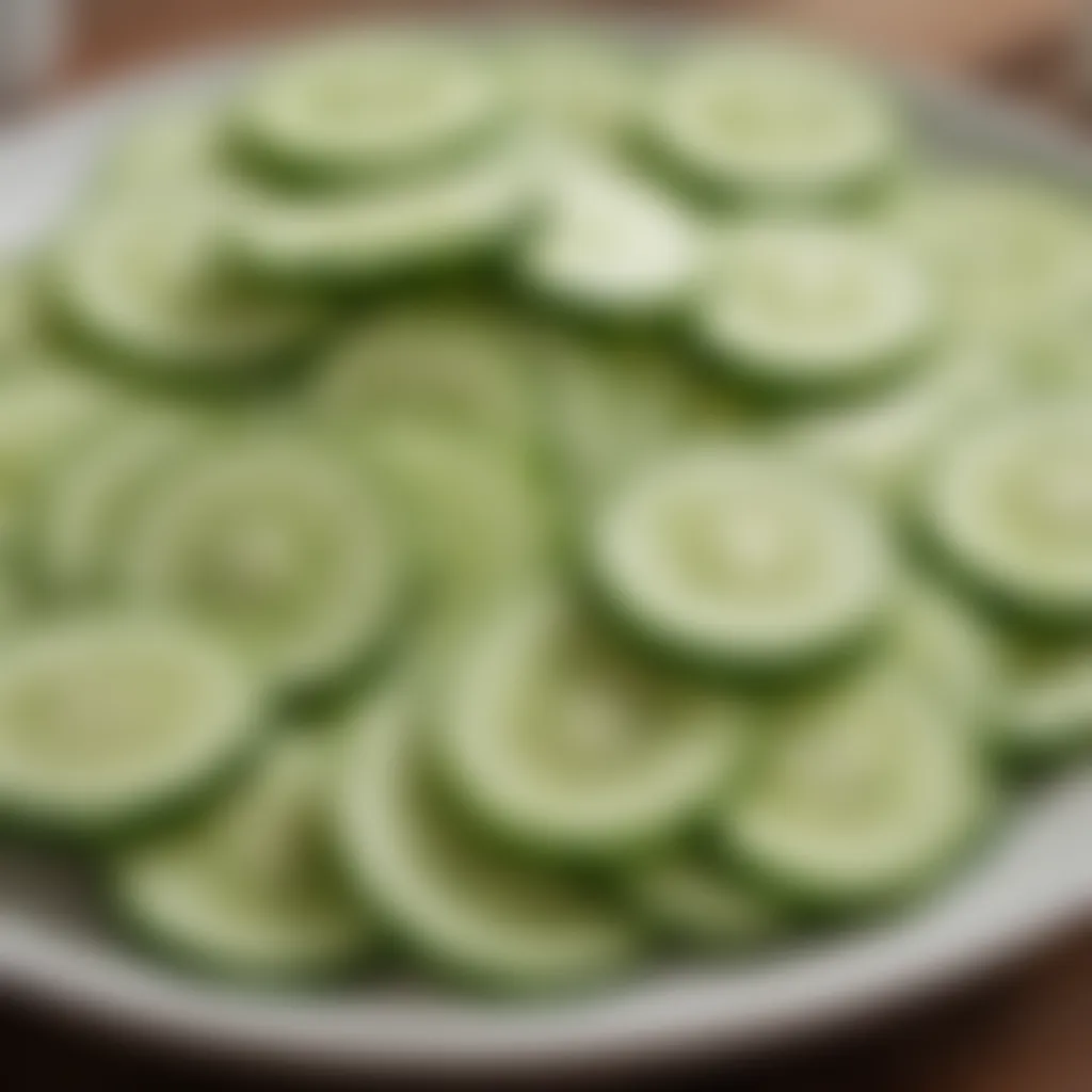 Freshly sliced cucumbers arranged on a plate