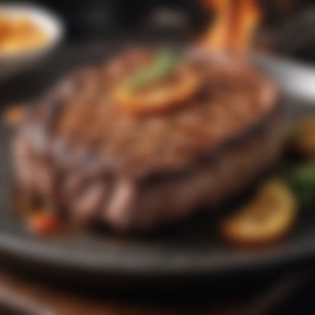 Sizzling grilled ostrich steak on open flame