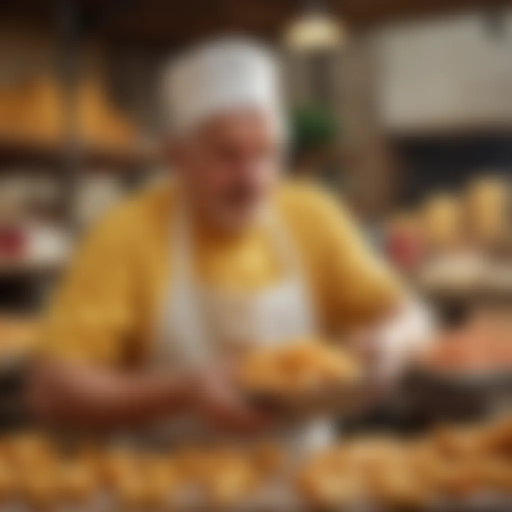 Artisan rigatoni pasta being showcased in a traditional Italian market.