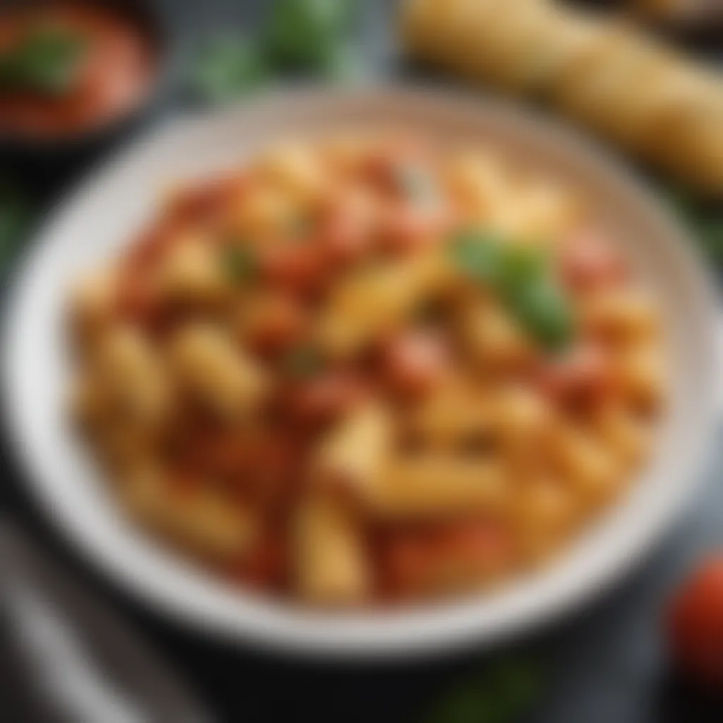 A close-up view of rigatoni pasta adorned with rich tomato sauce and fresh basil.