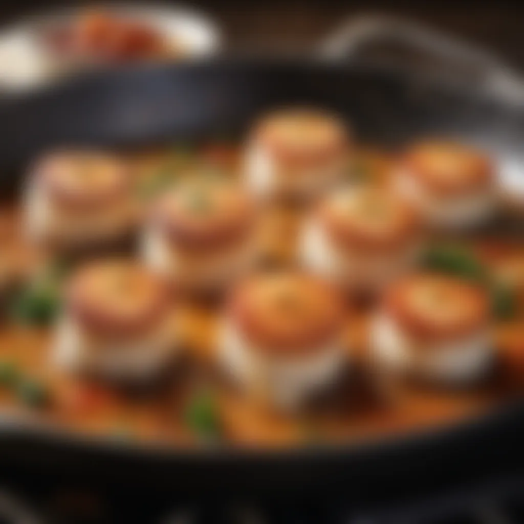 Sizzling skillet with sherry-laced flames dancing over seared scallops