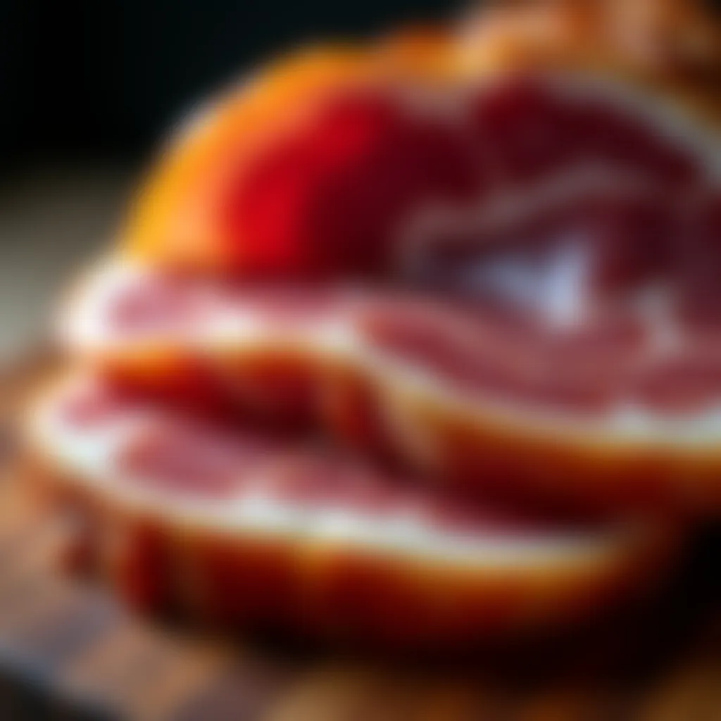 A close-up view of Jamón Ibérico, showcasing its marbled texture and rich color.