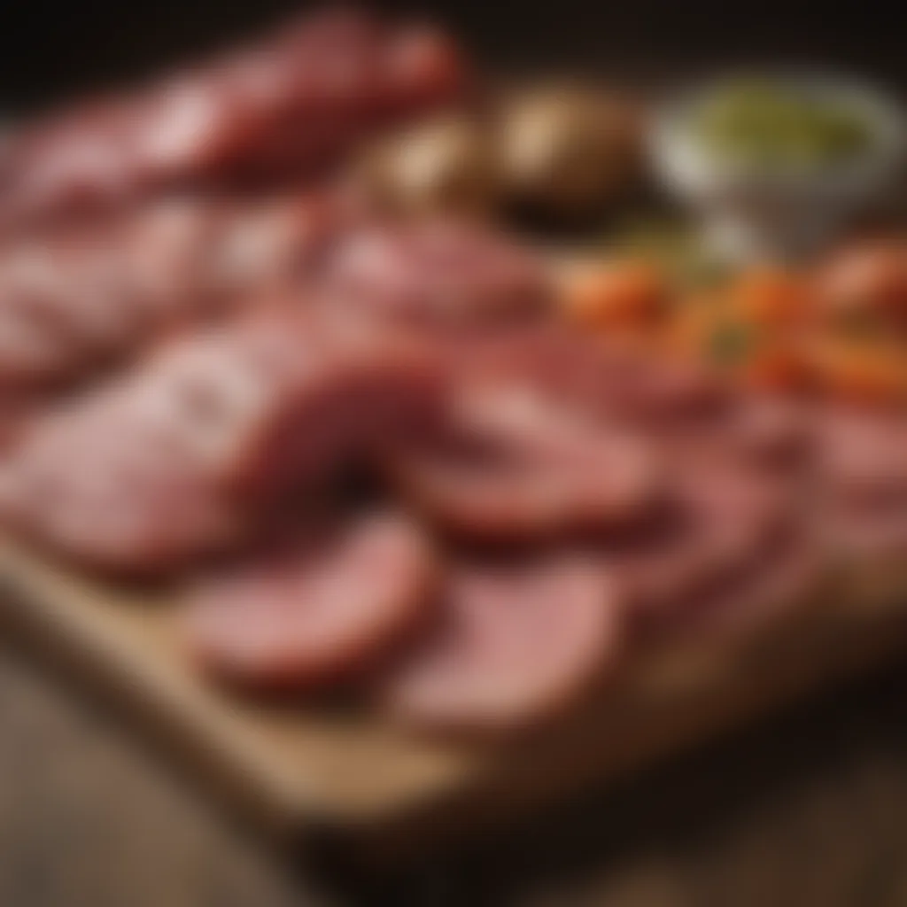 A selection of artisanal cured meats displayed on a wooden board