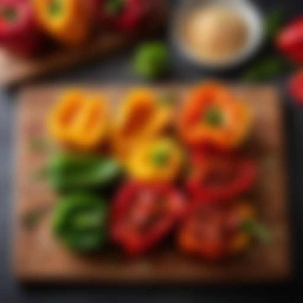Fresh bell peppers and flavorful chorizo on a wooden board Colorful bell peppers and chorizo sausage on a cutting board