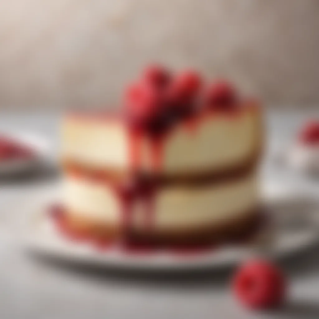 Decadent cheesecake topped with a delicate raspberry coulis