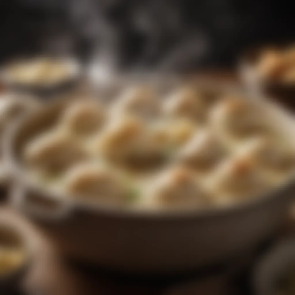 Close-up of steam rising from a bowl of decadent chicken and dumplings