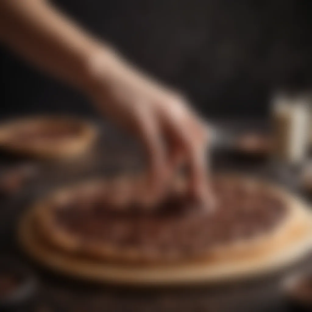 Decadent Chocolate Pizza dough being hand-stretched