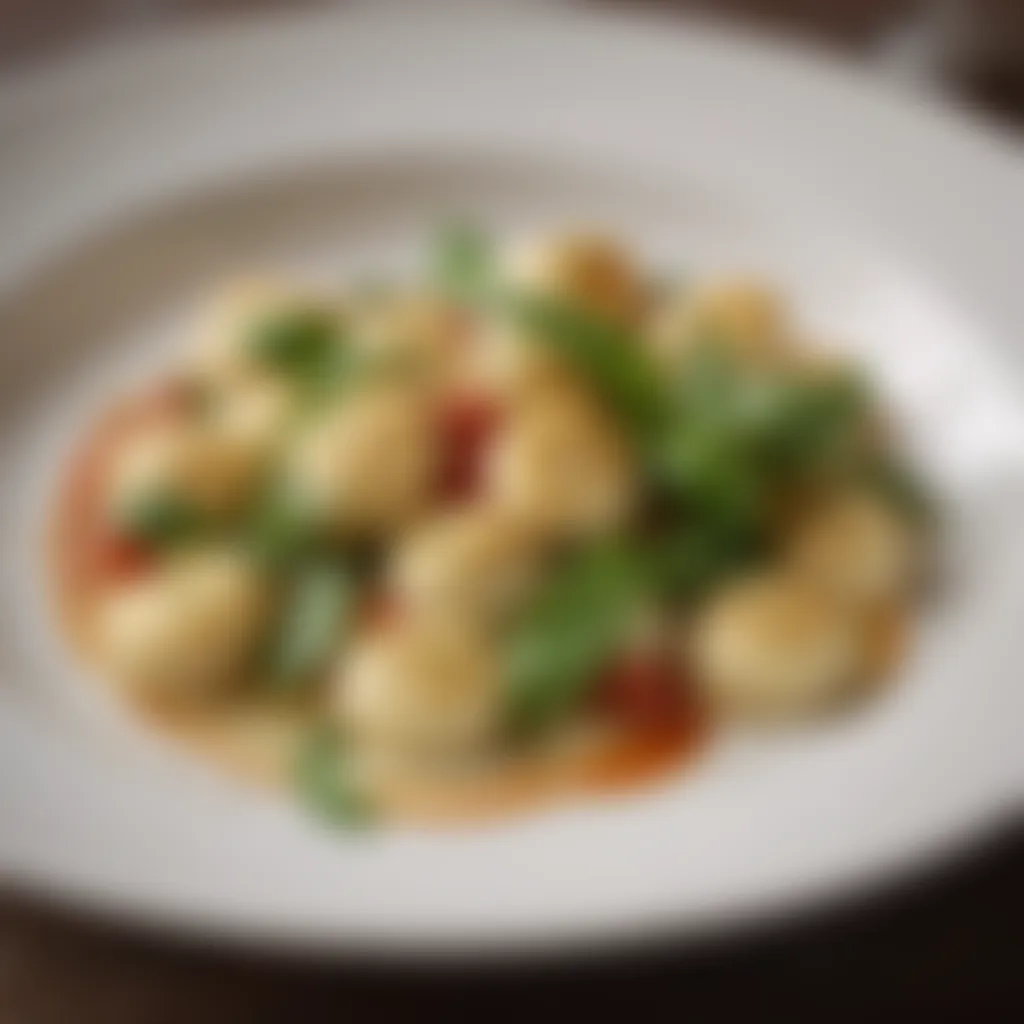 Garnishing gnocchi with fresh basil leaves