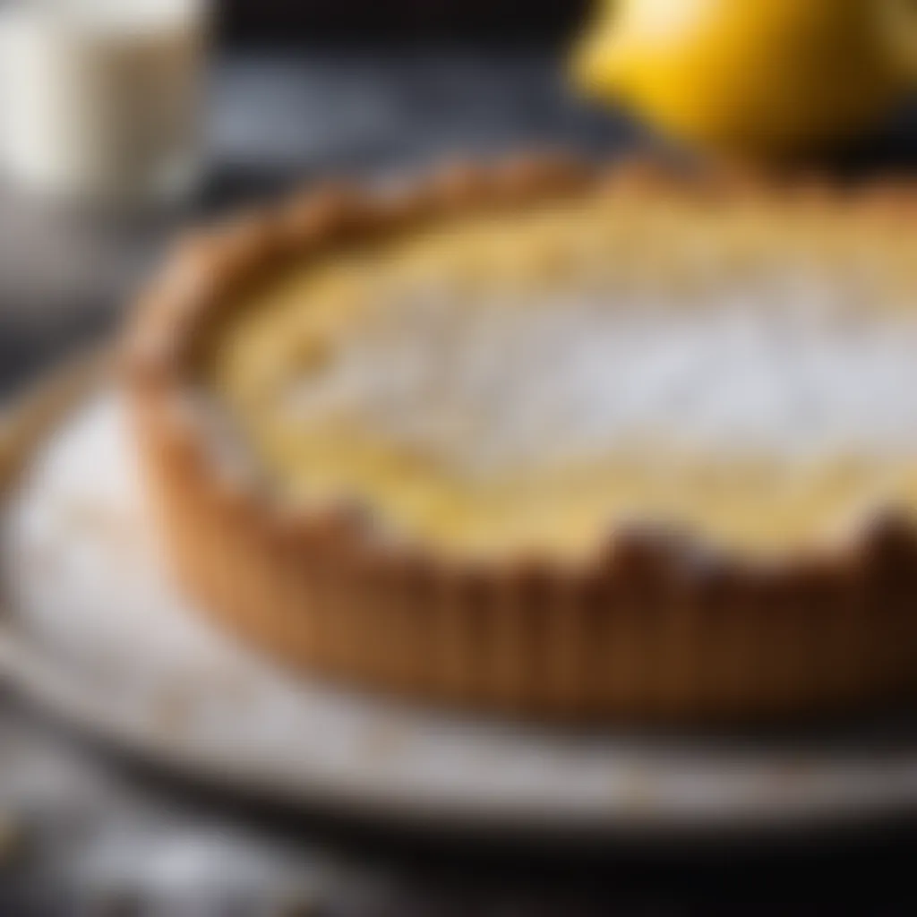 Close-up of golden-brown cookie crust with a sprinkle of powdered sugar