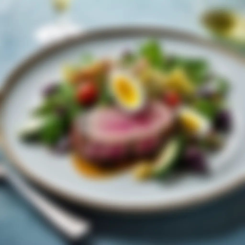 Seared Tuna Steak Elegance in Salad Nicoise Succulent seared tuna steak as a key element of Salad Nicoise