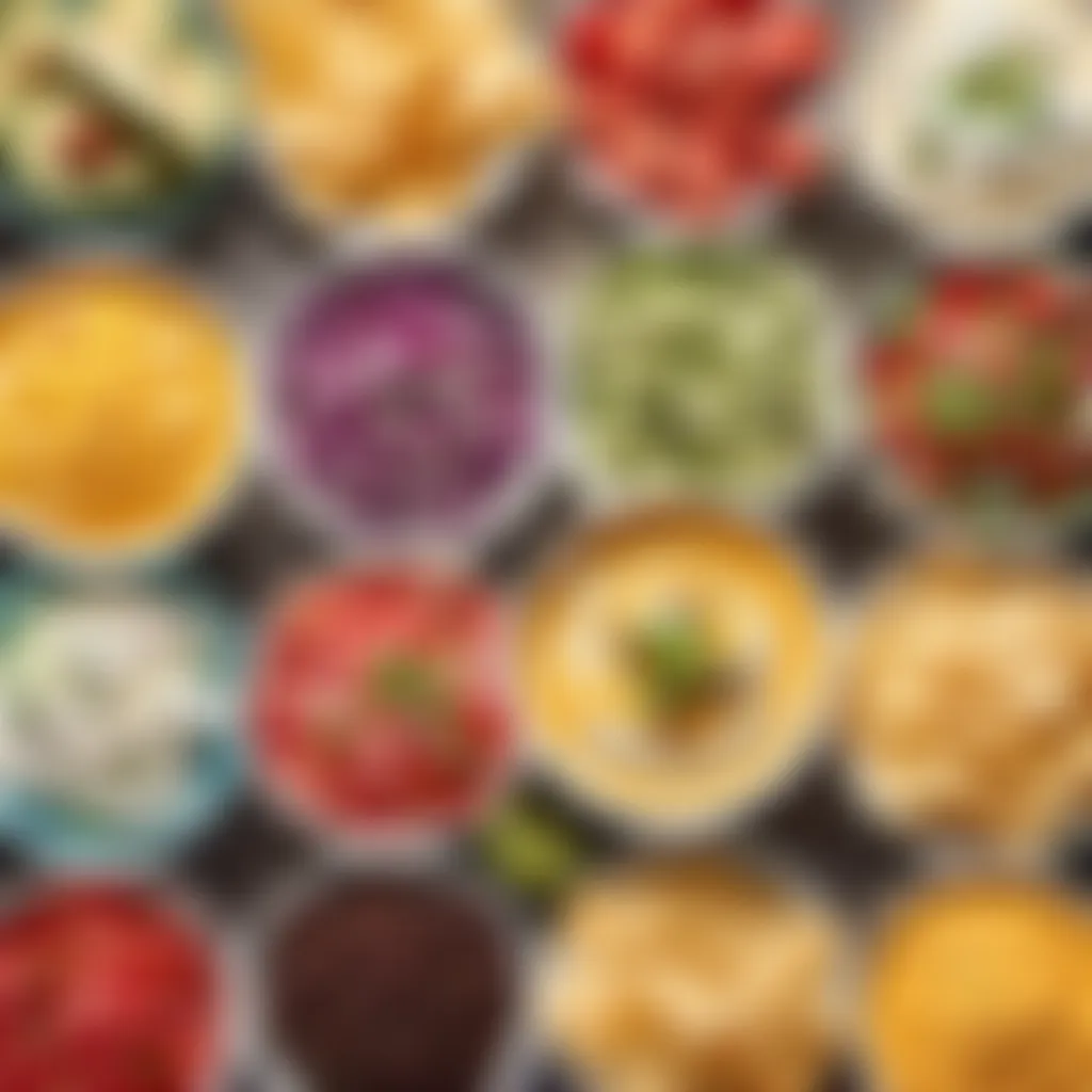 Colorful Fresh Toppings Array A burst of vibrant colors showcasing assorted fresh toppings for the queso