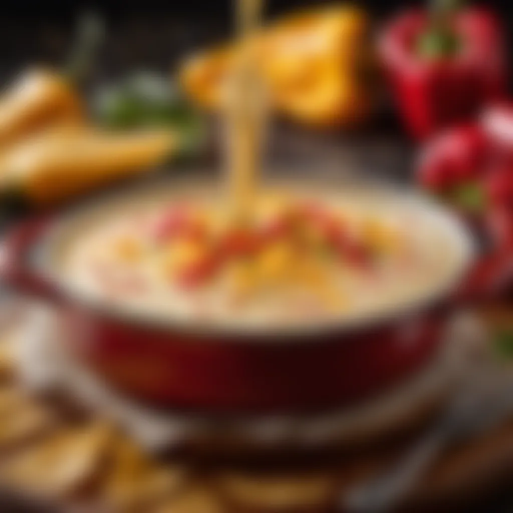 Velvety Queso Drizzle Creamy queso sauce drizzling over a bed of freshly roasted peppers