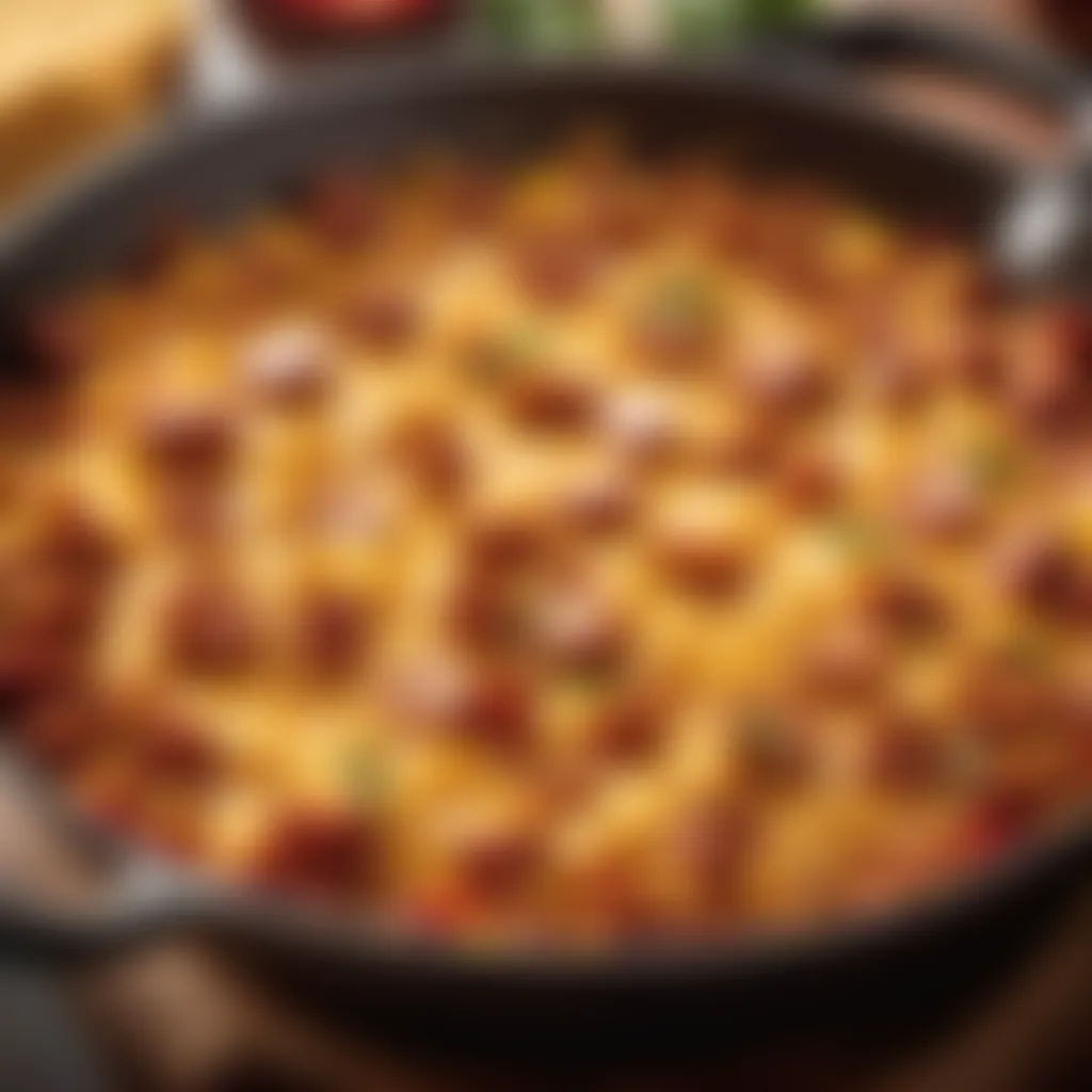 Golden Chorizo Delight Sizzling skillet of golden brown chorizo ready to be added to the queso mixture