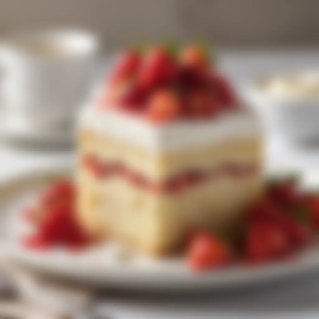 Decadent slice of tres leches cake topped with fresh strawberries