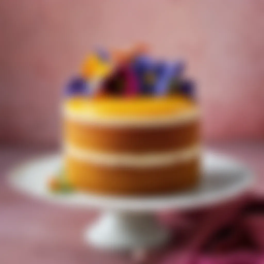 Decorating sponge cake with edible flowers