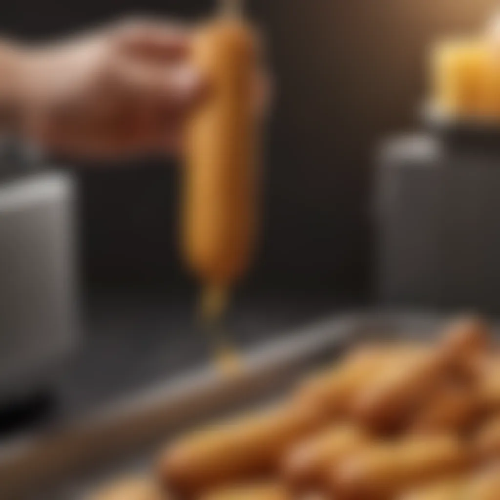 Close-up view of the corn dog holder in use, capturing its functionality.