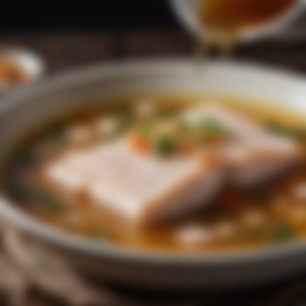 Delicate fish fillet being gently poached in flavorful broth