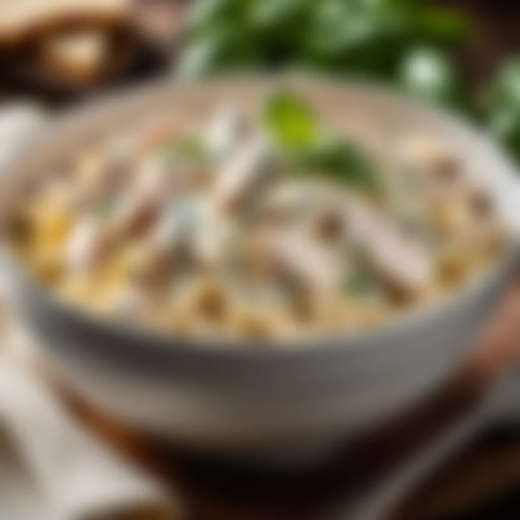 Elegant bowl of creamy Chicken Alfredo with fresh basil leaves