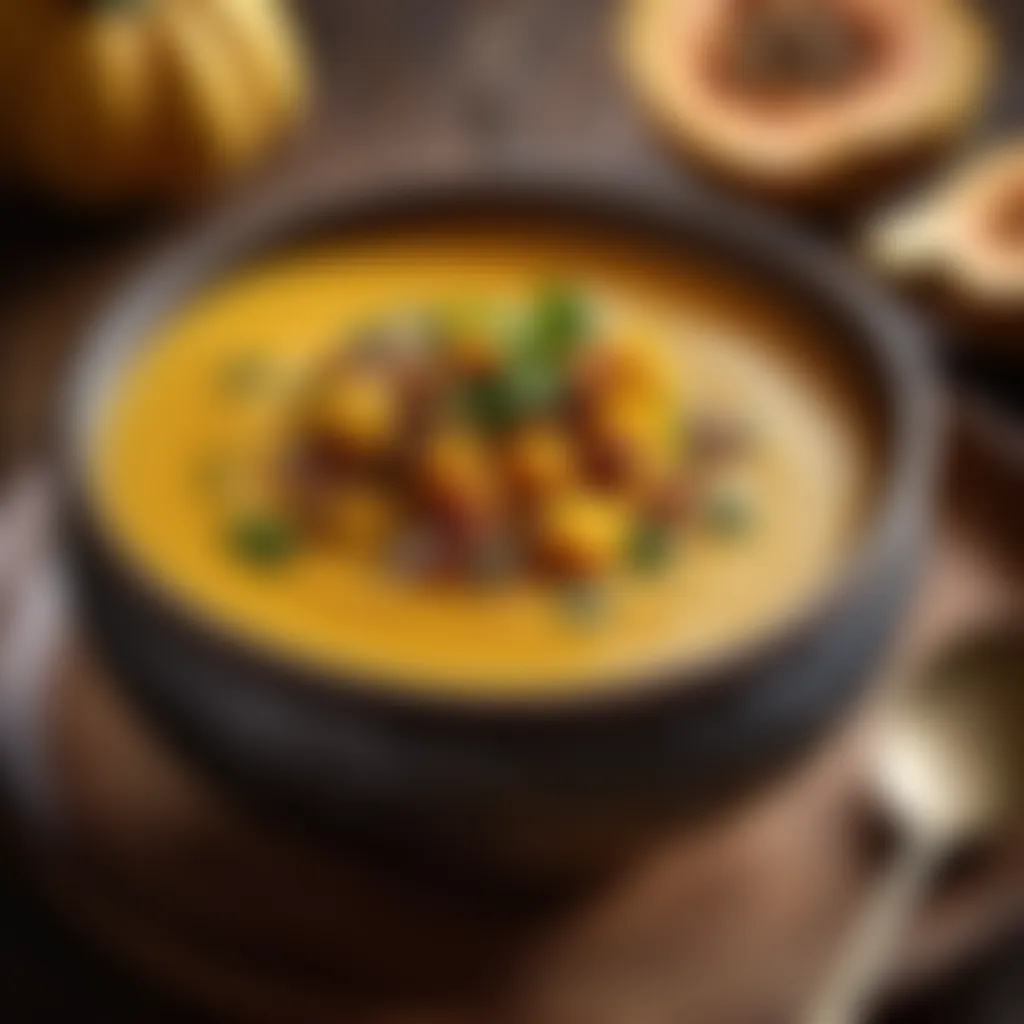 Garnished acorn squash soup in a rustic bowl