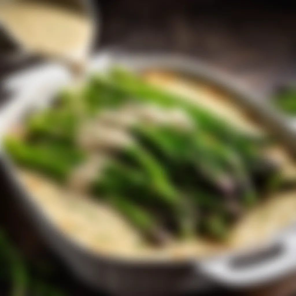 Creamy sauce being drizzled over asparagus in casserole dish