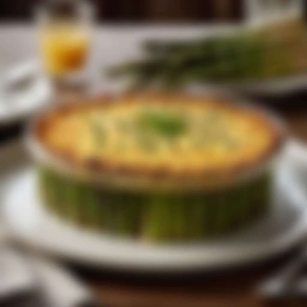 Freshly baked asparagus casserole served on elegant table setting