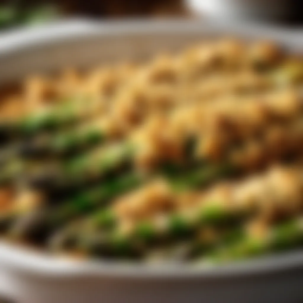 Golden breadcrumb topping on baked asparagus casserole