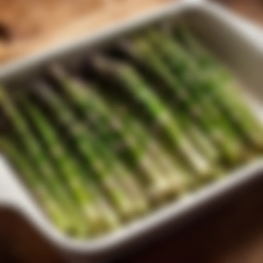 Exquisite asparagus spears arranged in baking dish