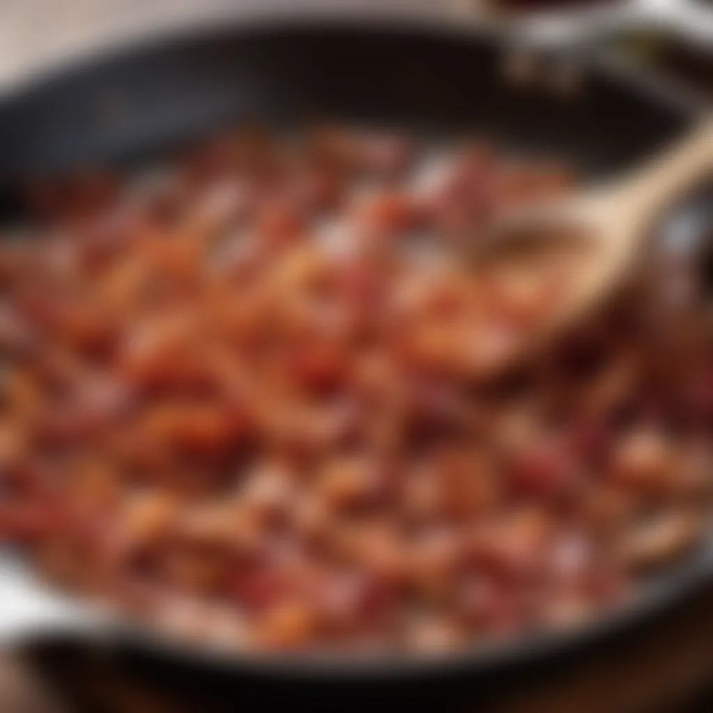 Crispy bacon strips frying in a skillet