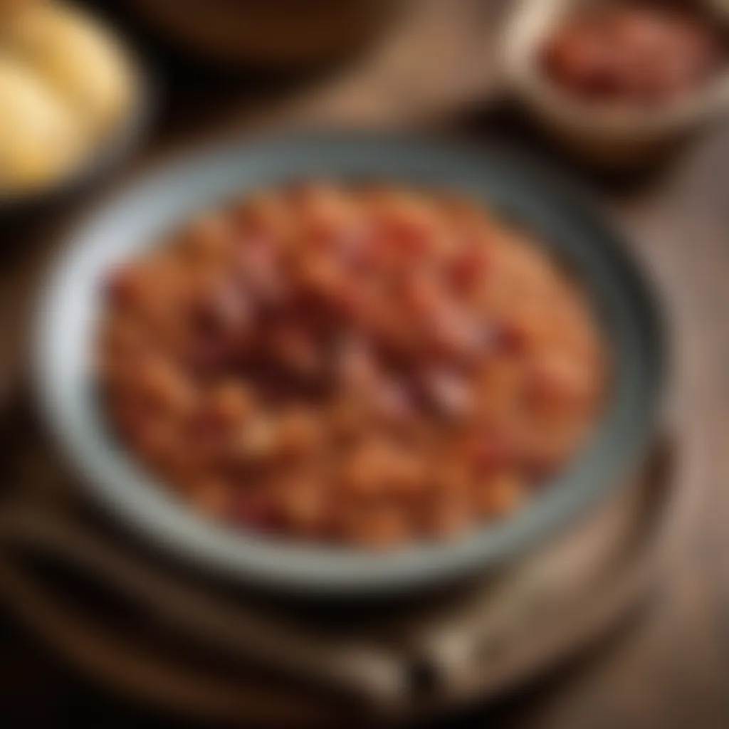 Baked beans with bacon and onions served in a rustic bowl