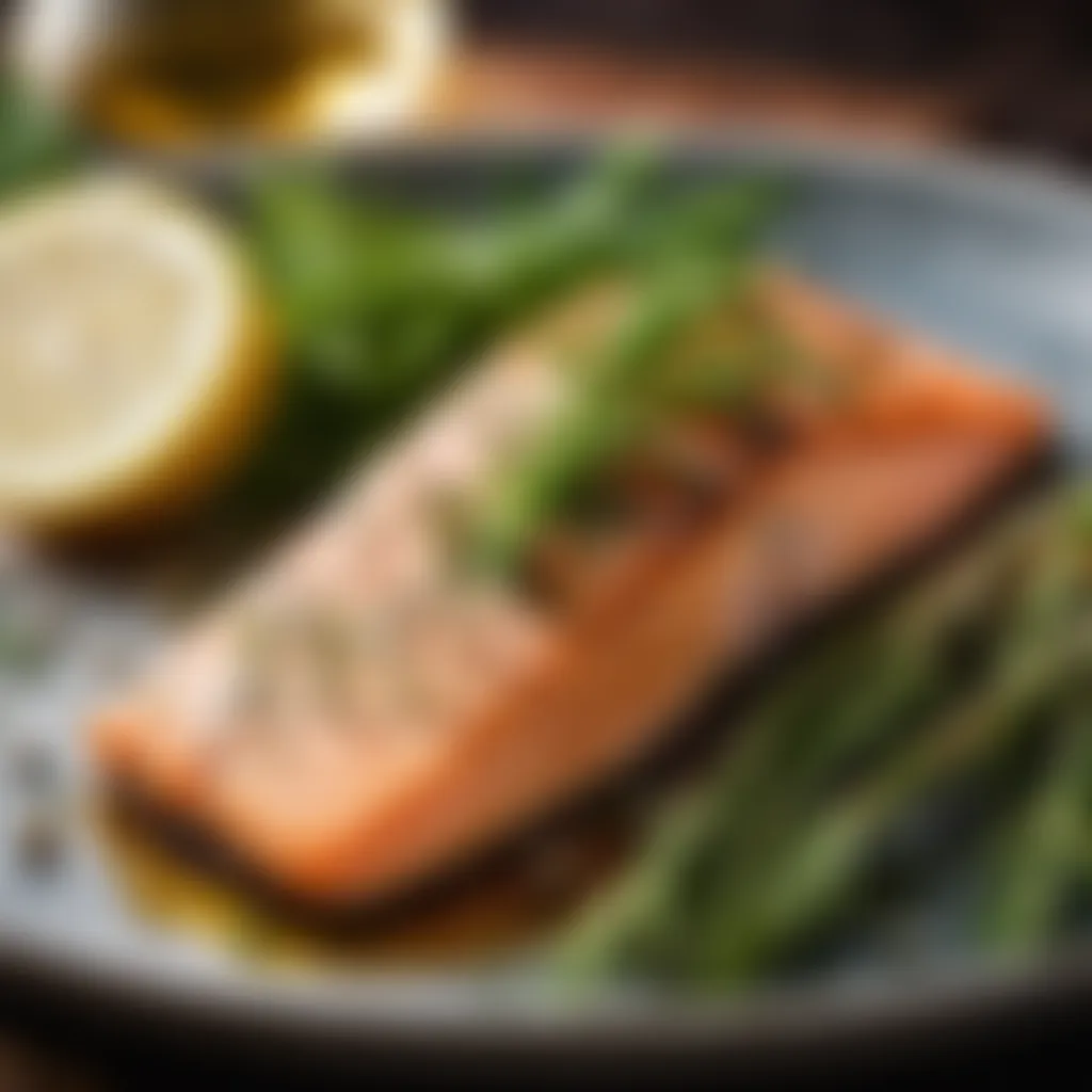 Salmon fillet being seasoned with herbs