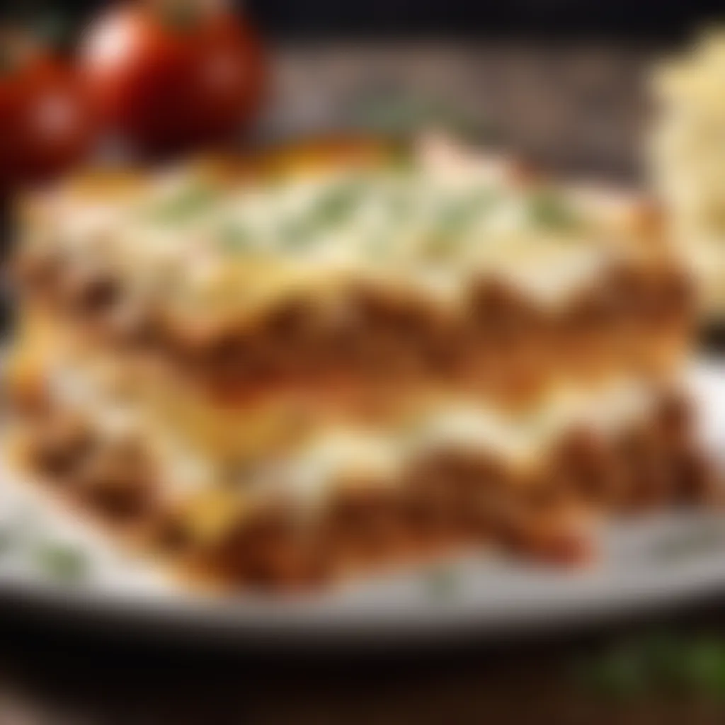 Layers of savory beef and cheese in lasagna