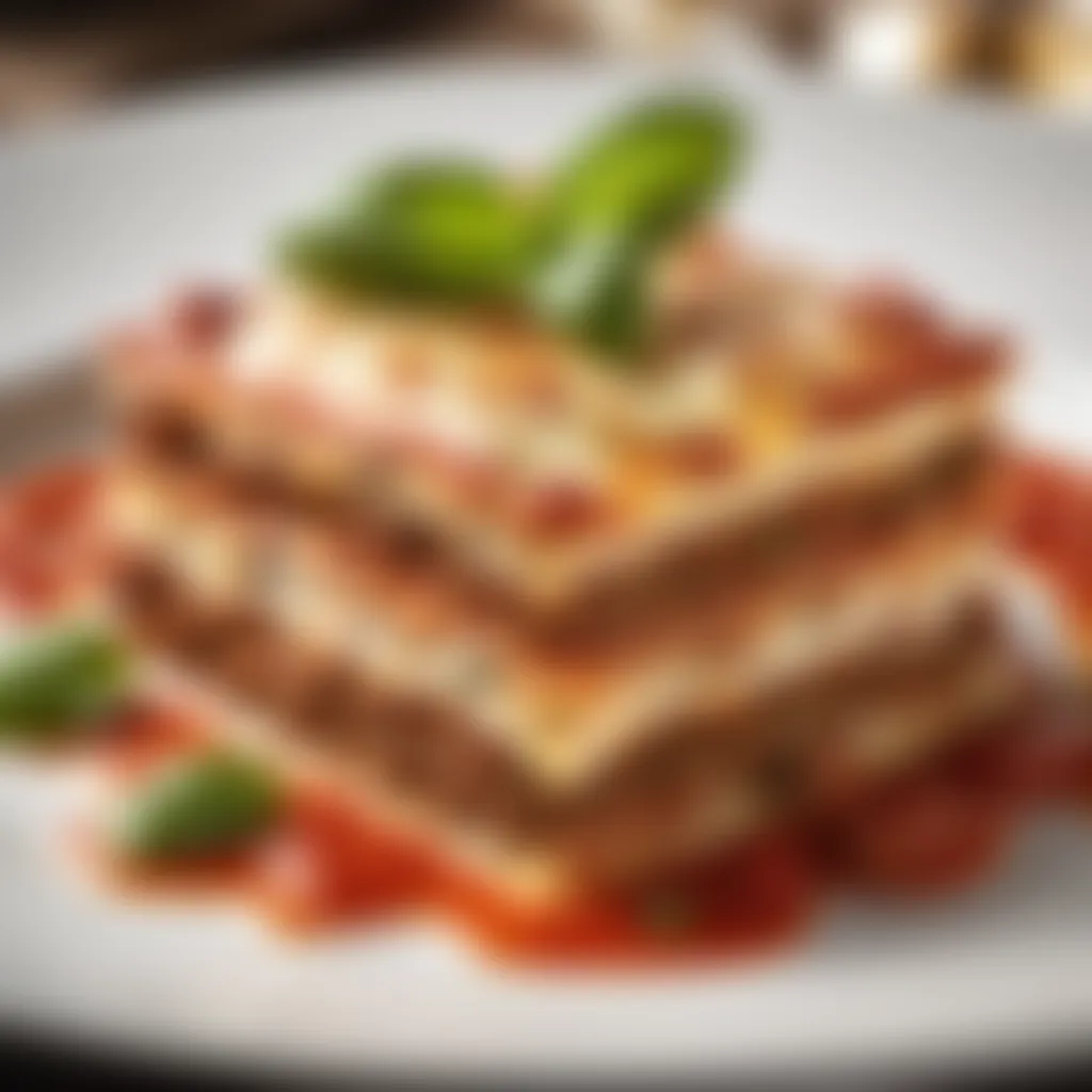 Exquisite plating presentation of beef lasagna with basil garnish