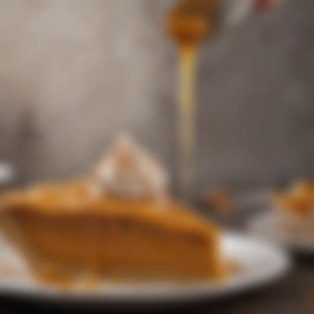 Close-up of pumpkin pie slice with caramel drizzle