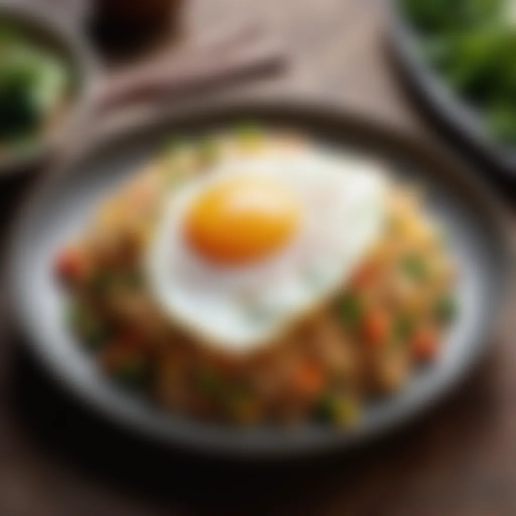 A plate of beautifully presented fried rice with a fried egg on top