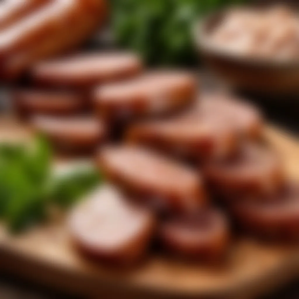 Savory sausage slices on a wooden cutting board