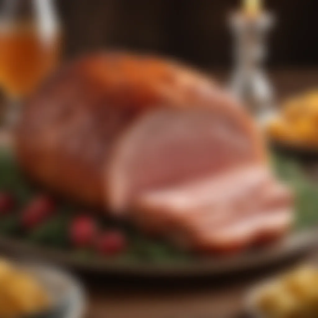 Glistening honey glazed ham on a festive platter