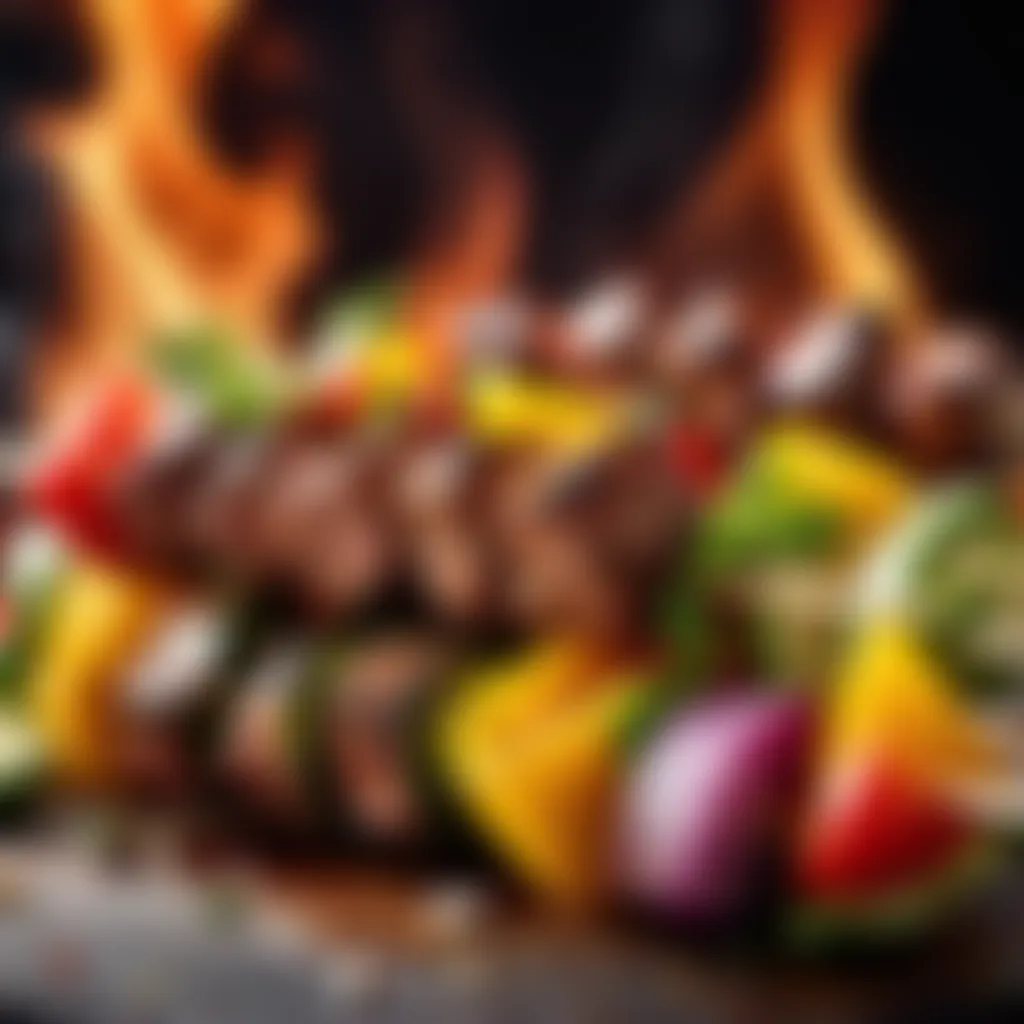 Close-up of a kabob skewer with juicy meat and vegetables