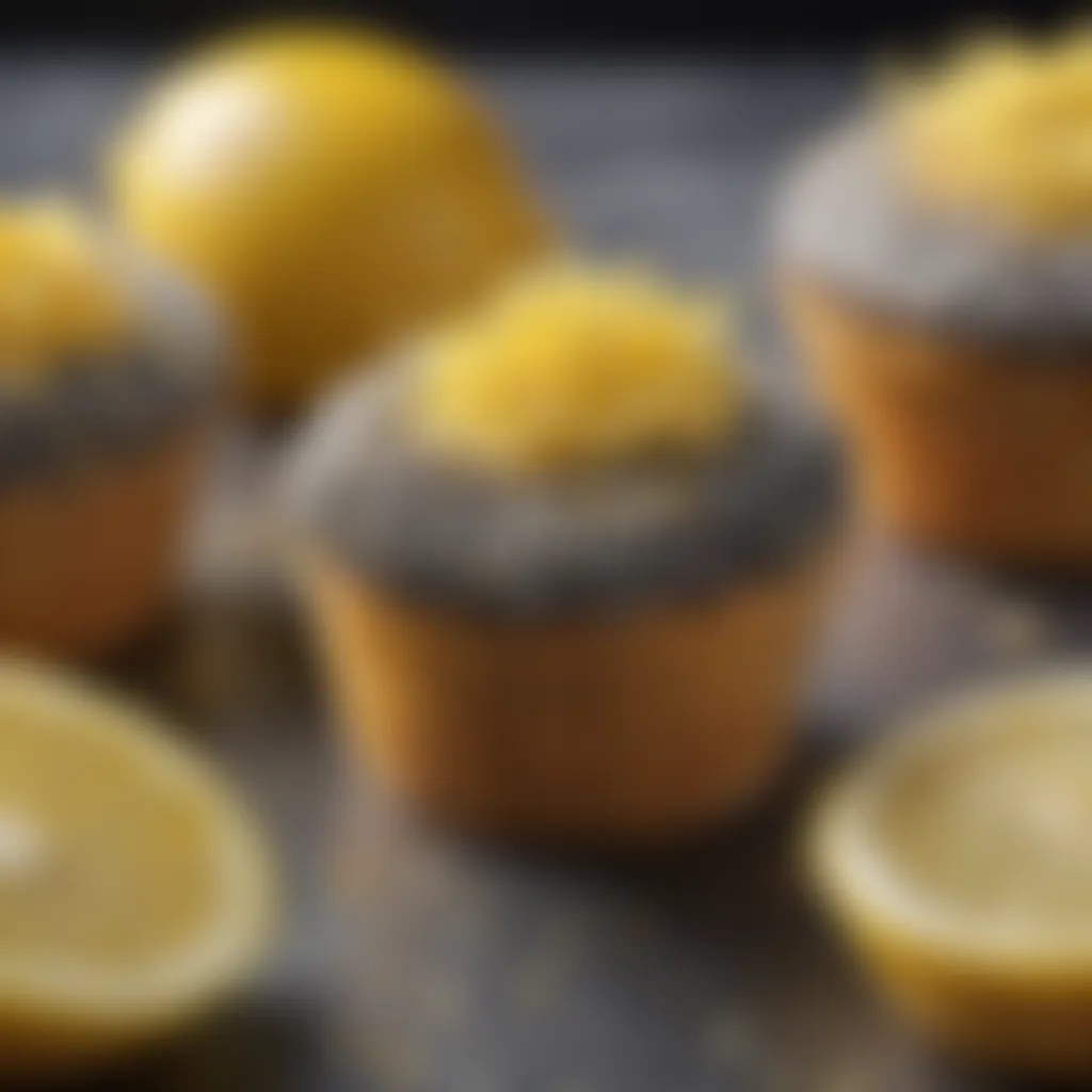 Close-up of lemon zest garnish on lemon-poppy seed mmmuffin