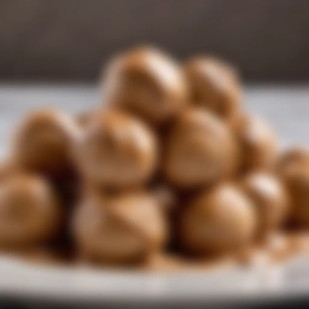 A stack of peanut butter balls topped with a dollop of creamy yogurt