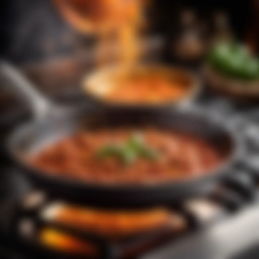 Sizzling pan of bolognese sauce on the stove