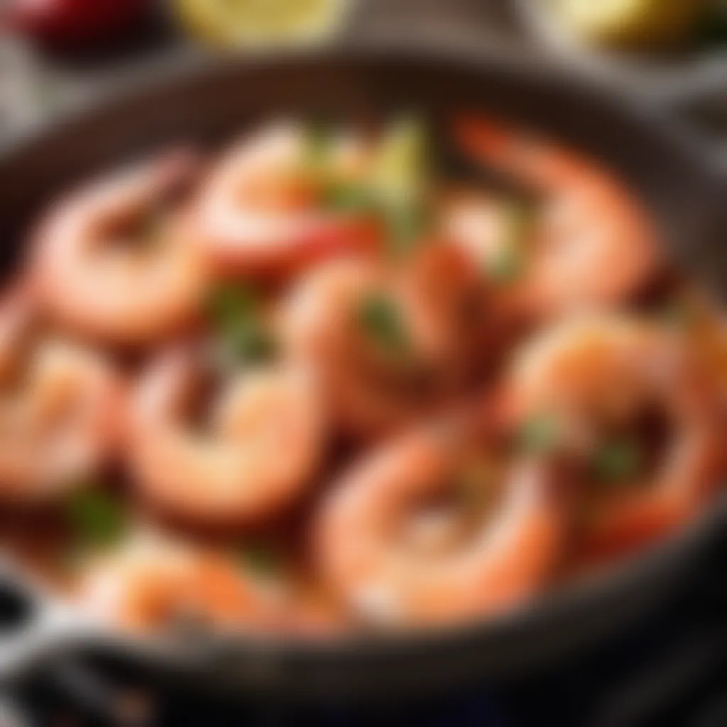 Prawns being cooked in a sizzling pan