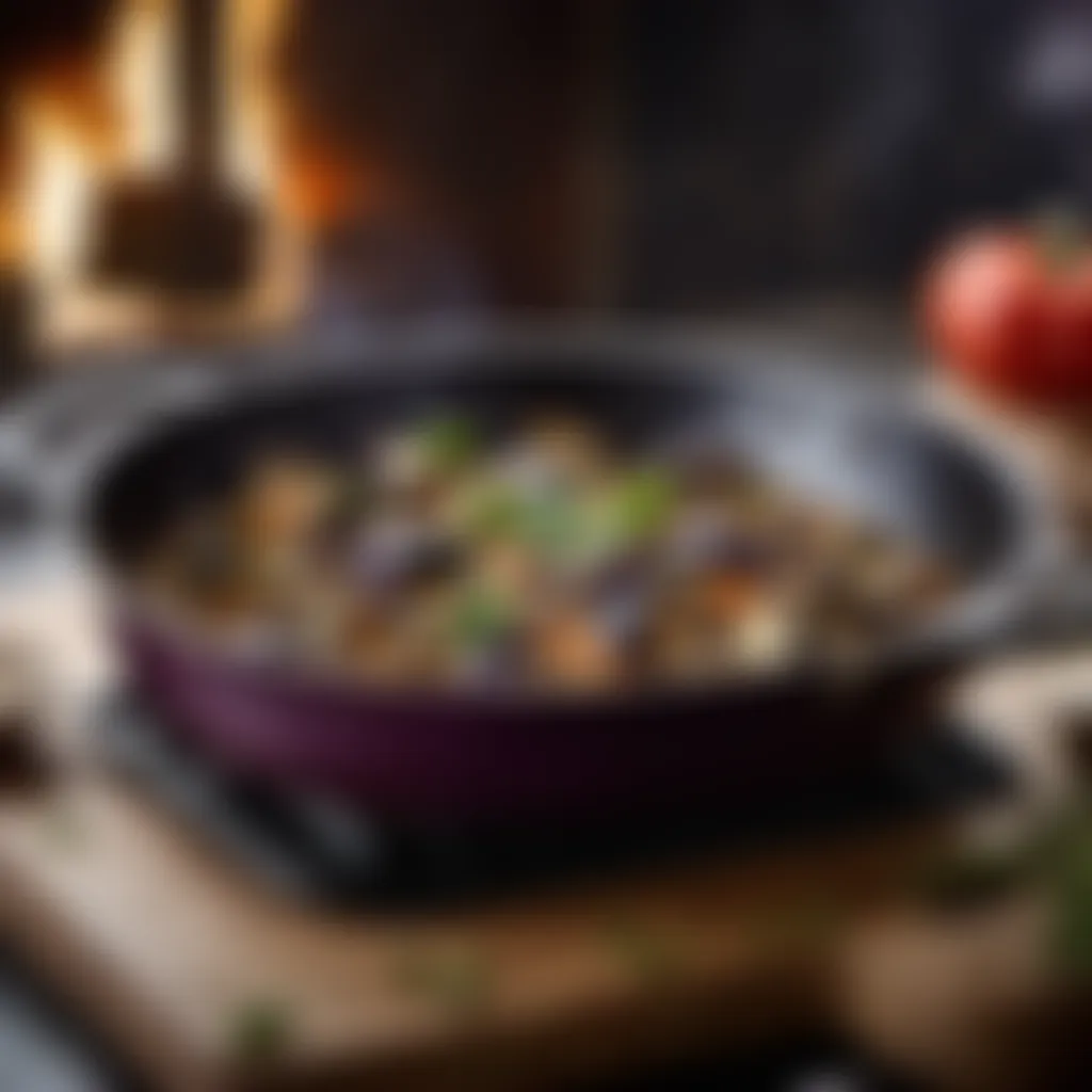 Cooking aubergine mushroom dish in a pan