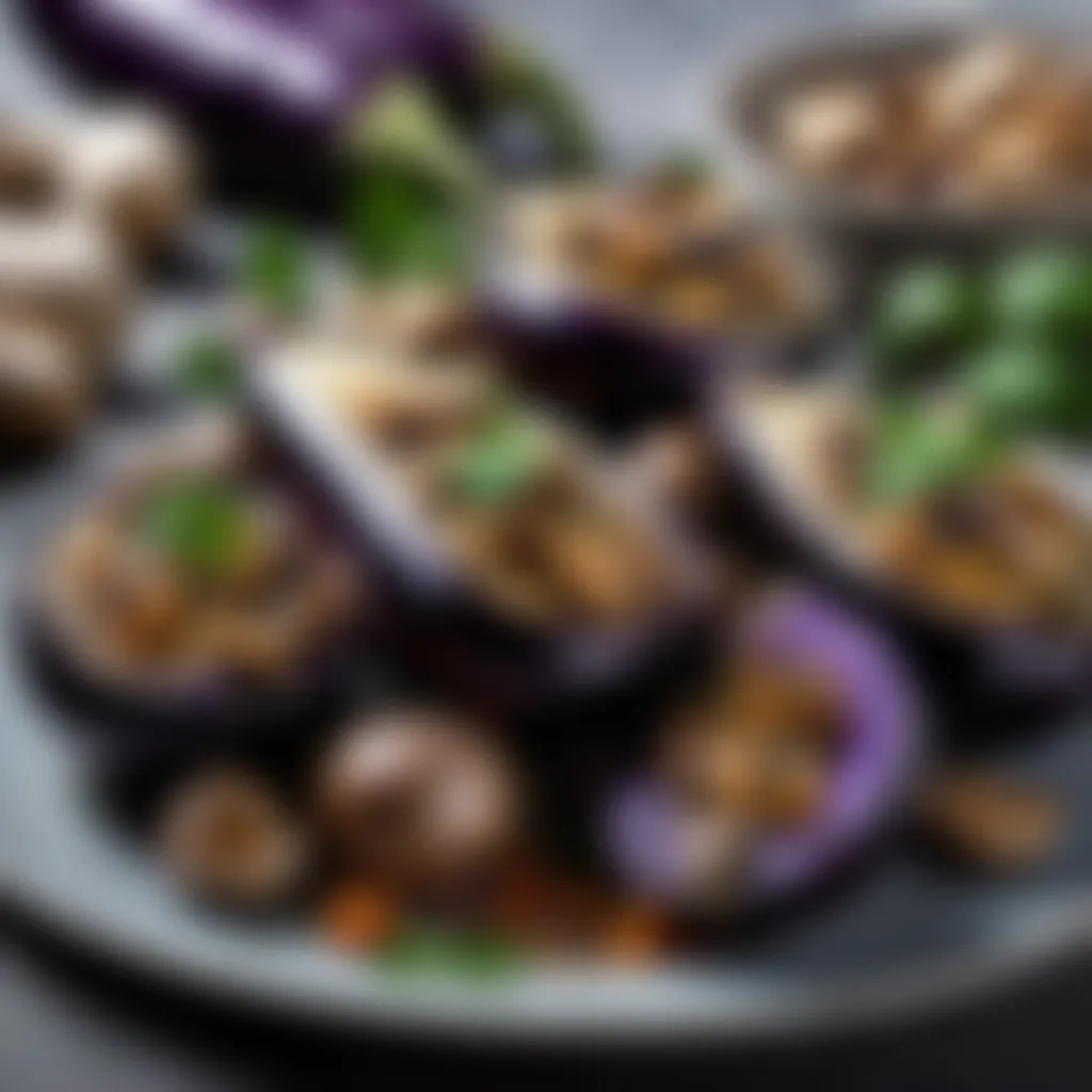 Fresh aubergines and mushrooms