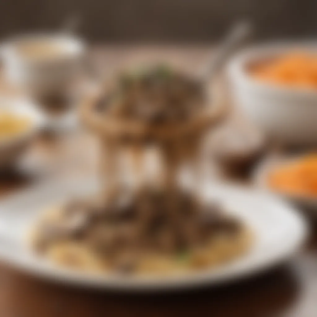 Creamy Mushroom Gravy being drizzled over Beef Stroganoff