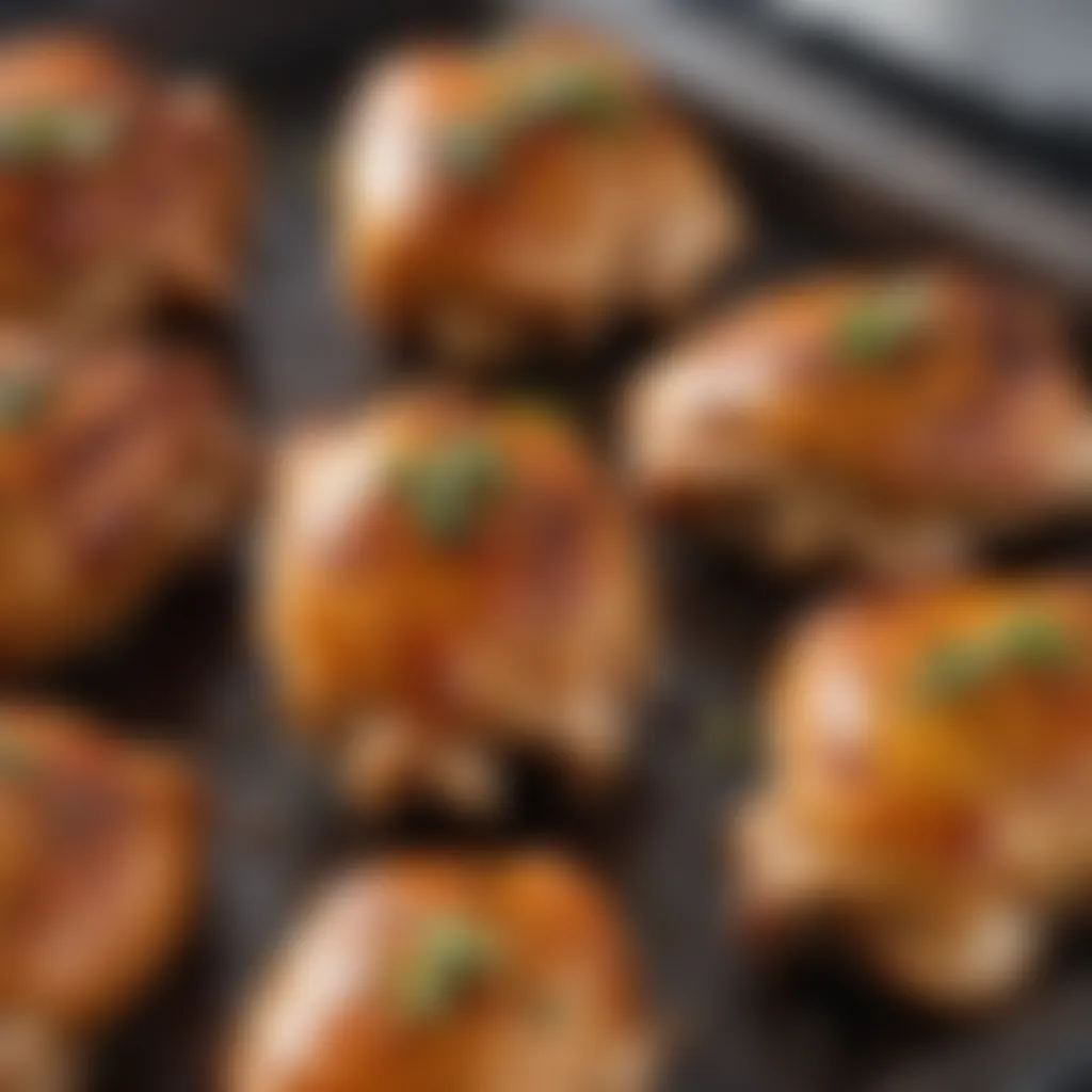 Close-up of juicy beer-marinated chicken thighs on a baking tray