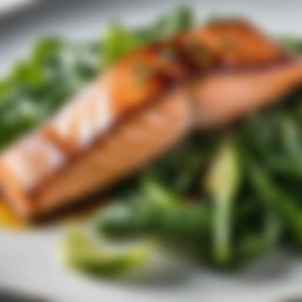 Exquisite soy-glazed salmon fillet on a bed of greens