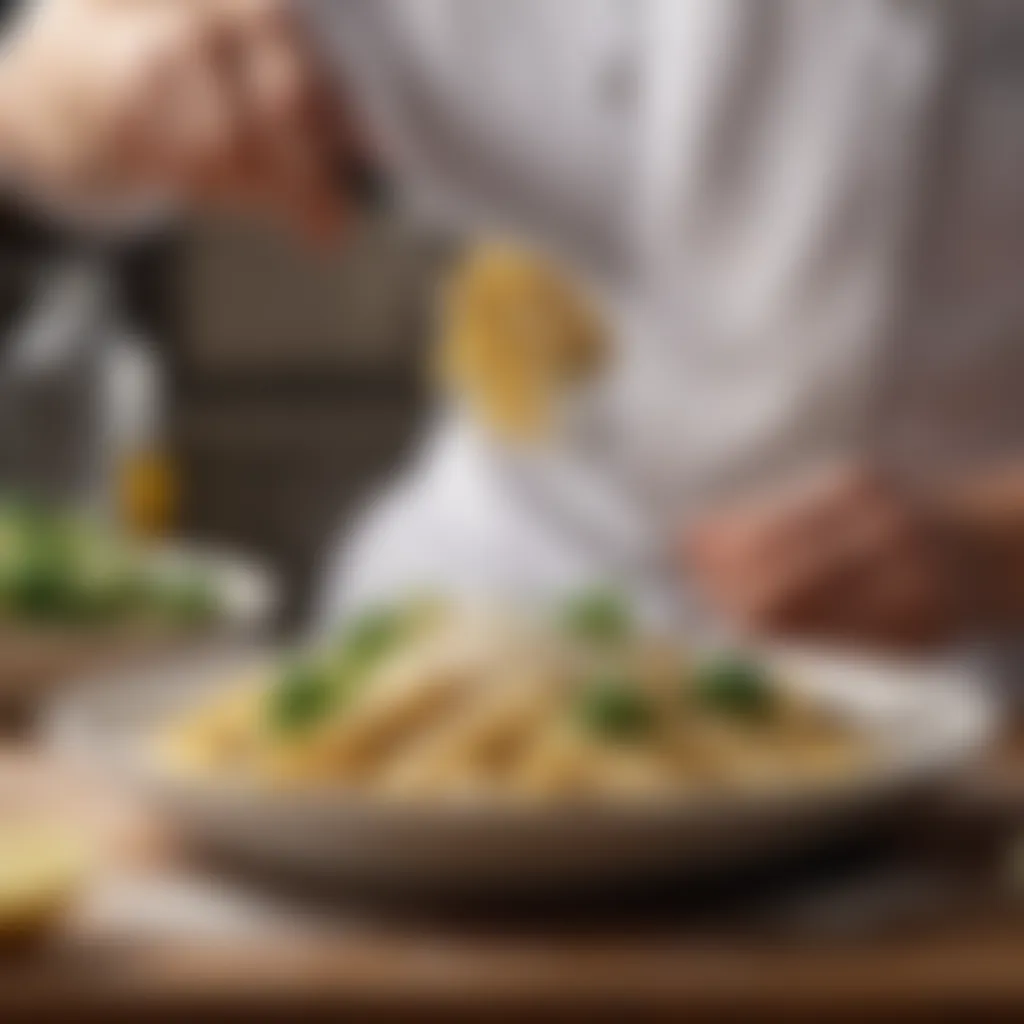 Chef's Finishing Touch with Parmesan Chef’s Hand Sprinkling Parmesan on Ziti Dish
