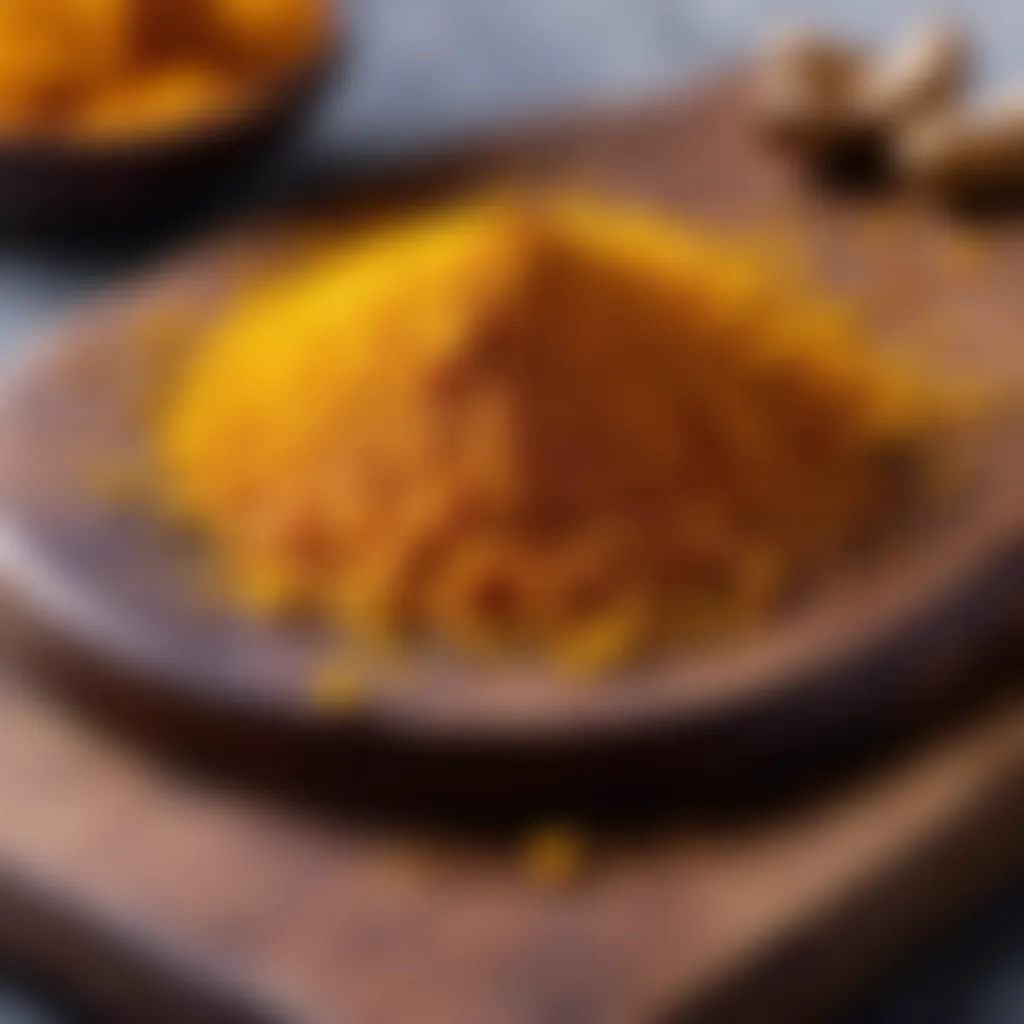 Freshly grated turmeric root on a wooden cutting board